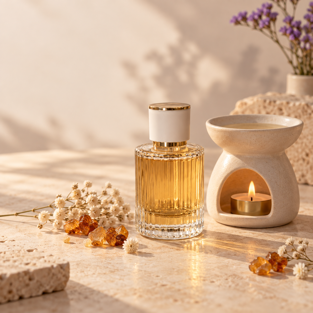 Secret of Essence fragrance oil beside a burning oil lamp