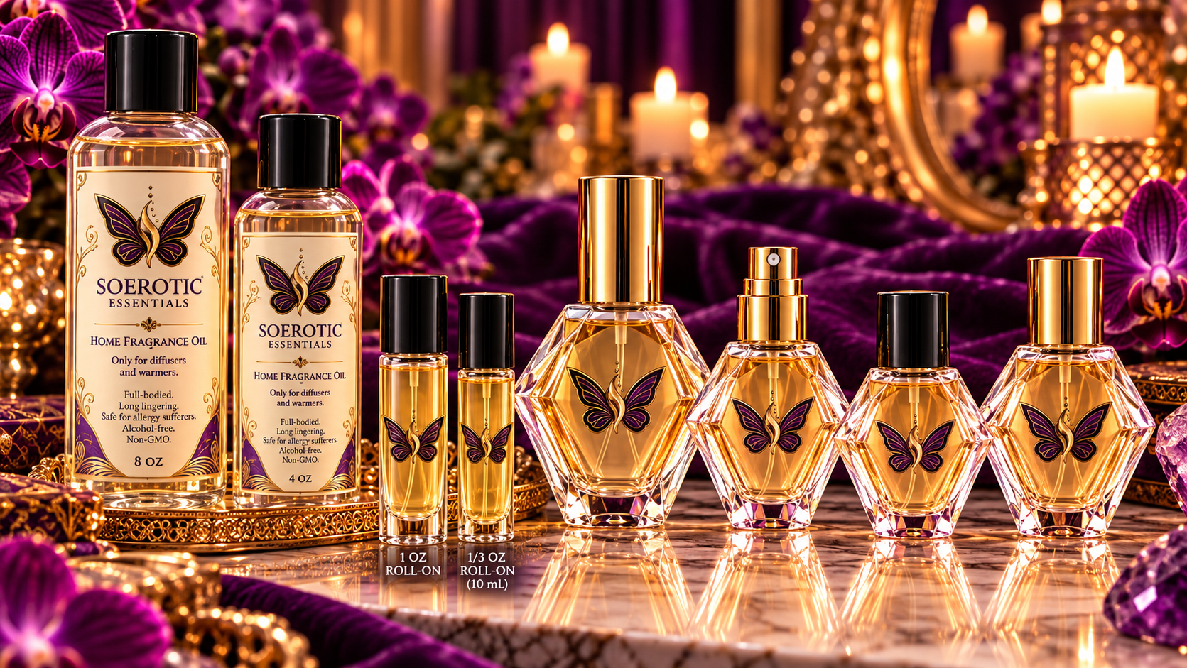 Amber fragrance oils and body care on a warm vanity