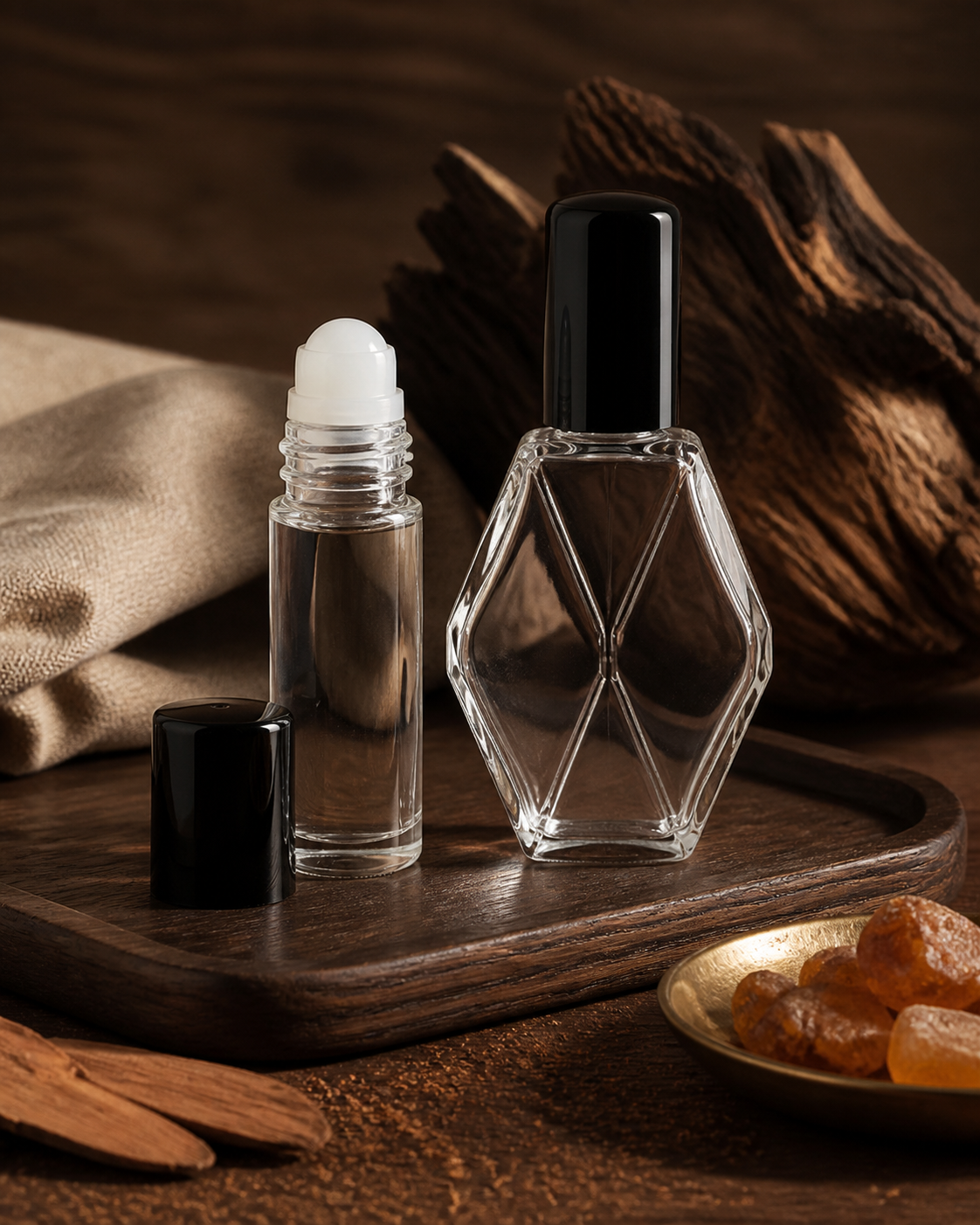 Clear fragrance oil bottles with oud wood and amber resin